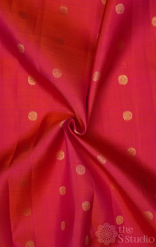 Peach kanchi silk blouse fabric with zari buttas