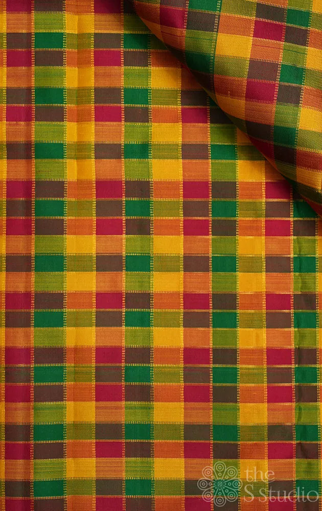 Multicolour checked kanchi silk blouse fabric with zari checks