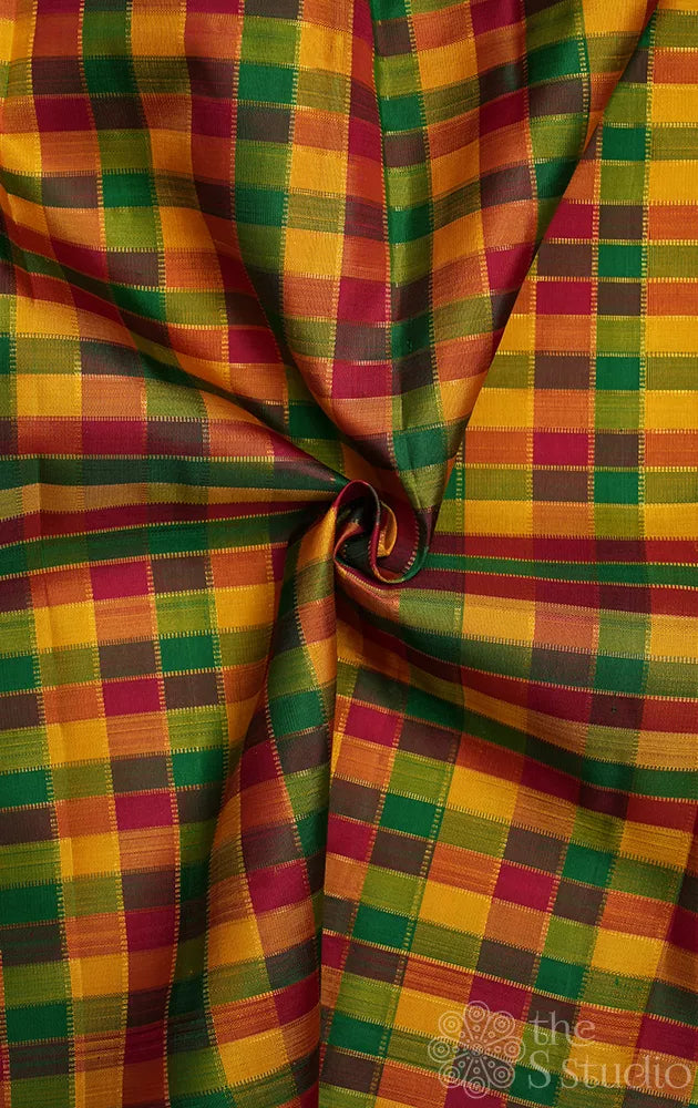 Multicolour checked kanchi silk blouse fabric with zari checks