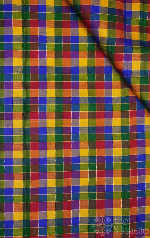 Multicolour kanchi silk blouse fabric with zari checks
