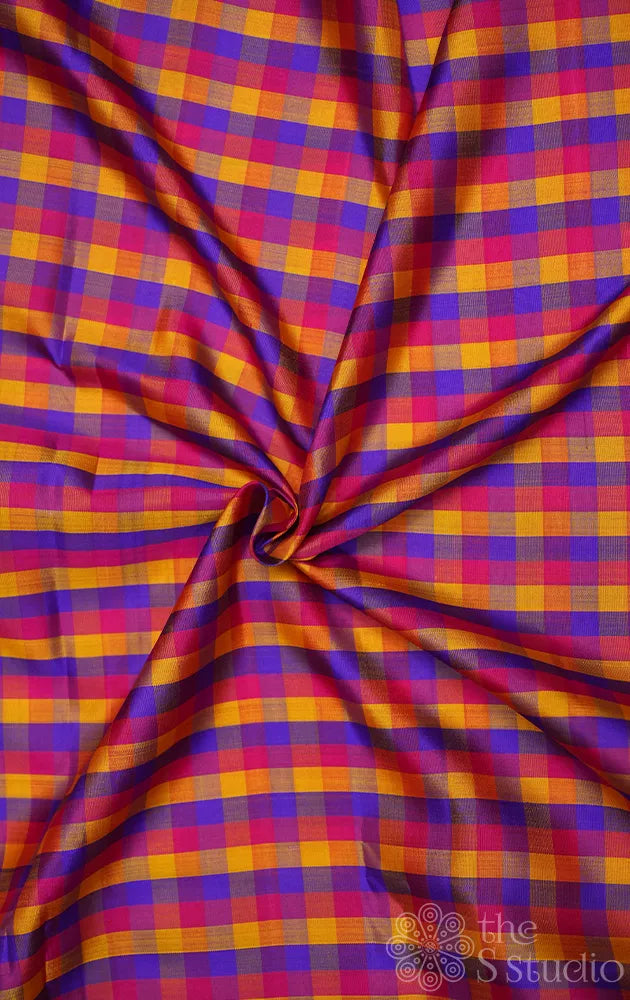 Multi colour small checked kanchi silk material