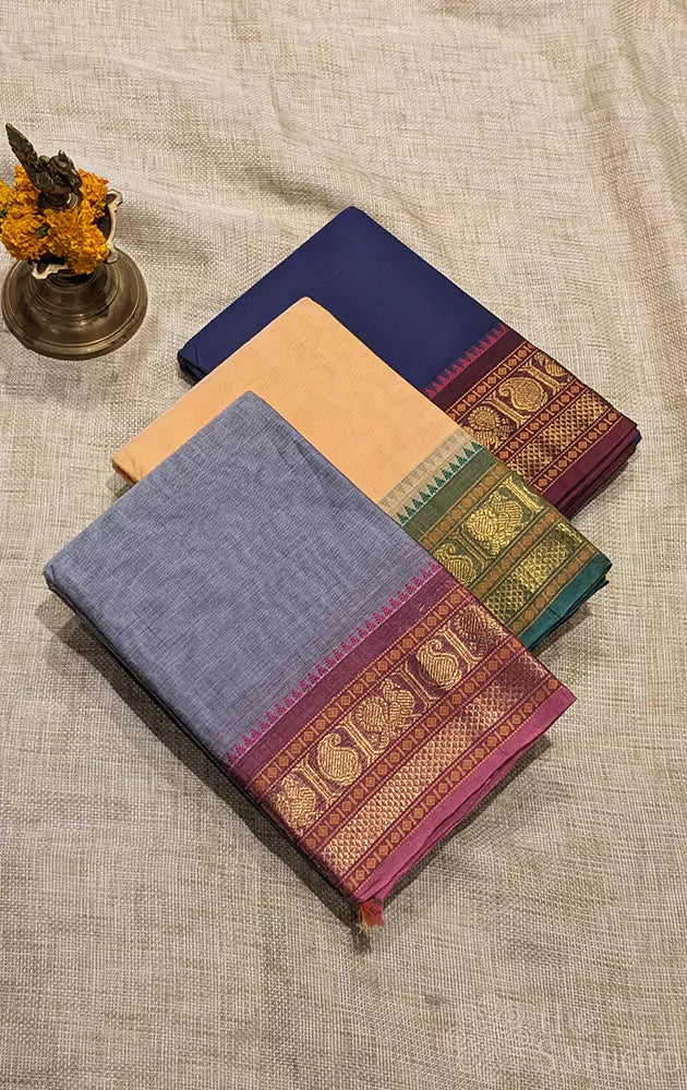 Kanchi cotton saree with annam & paisley border - Pack of 3