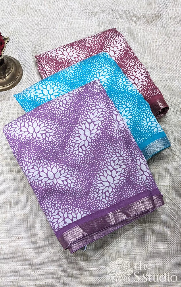 Semi silk saree with small border & floral prints - Pack of 3