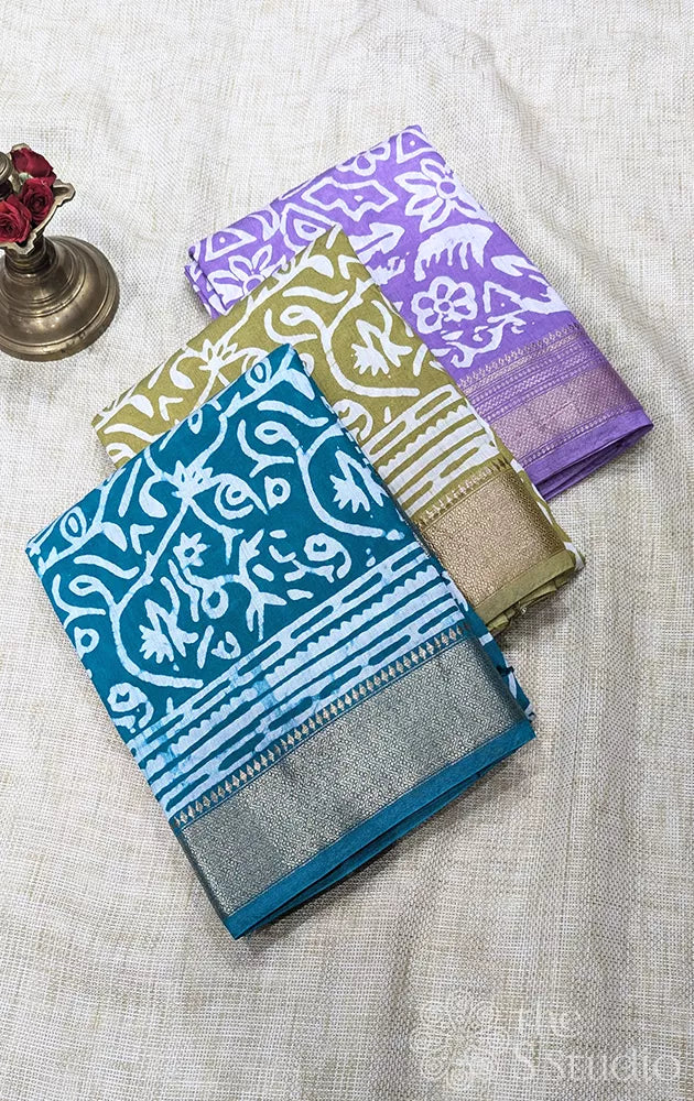 Semi silk saree with zari border & prints - Pack of 3