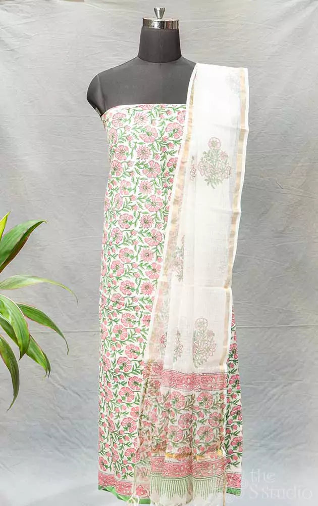White, pink and green  floral printed cotton salwar set with kota dupatta 