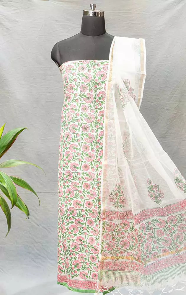 White, pink and green  floral printed cotton salwar set with kota dupatta