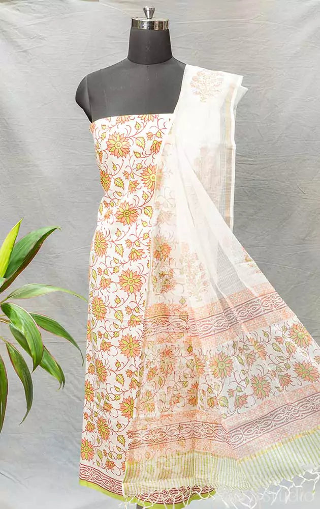White and brown floral printed cotton salwar suit with kota dupatta 