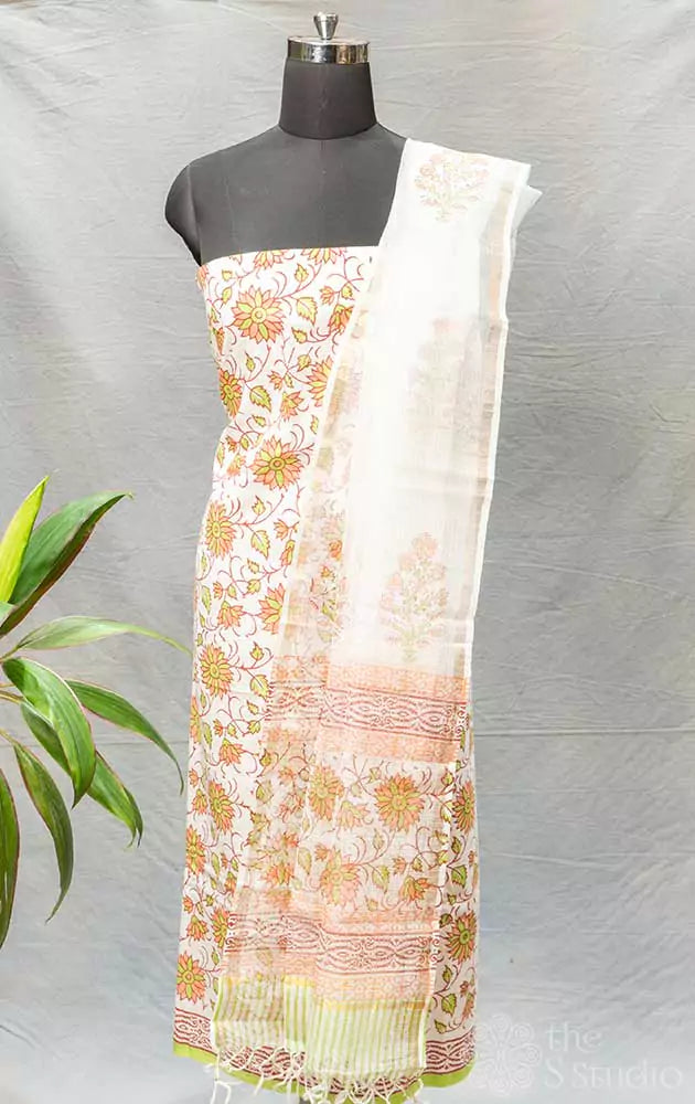White and brown floral printed cotton salwar suit with kota dupatta