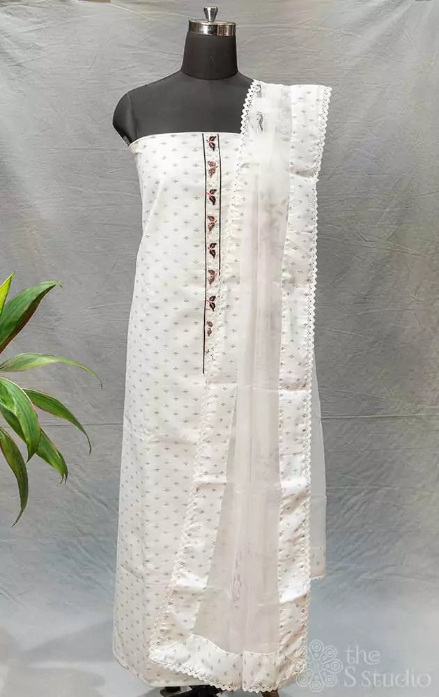 White Printed Cotton Salwar Suit with Neck Embroidery Pattern