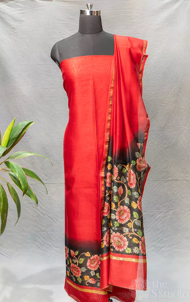 Red maheshwari silk cotton salwar set with floral print border