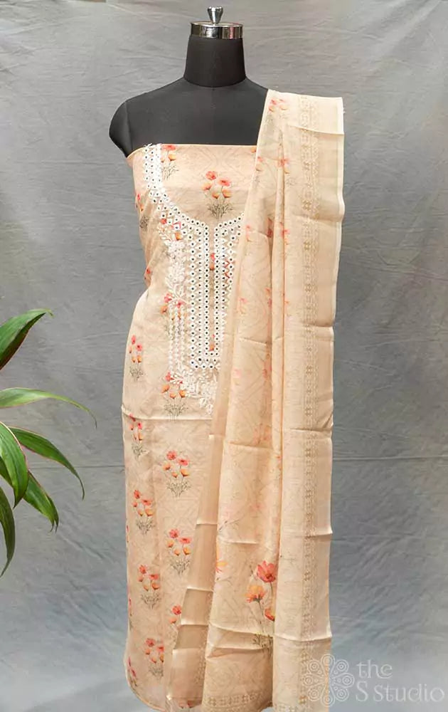 Beige floral printed linen cotton salwar suit