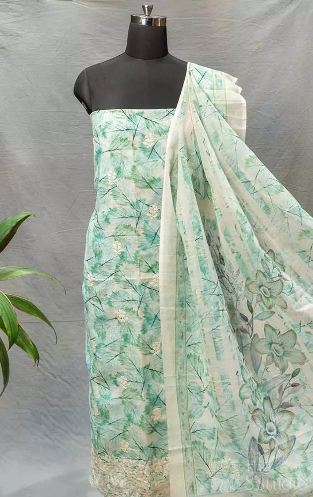Light green leaf printed linen cotton salwar suit 
