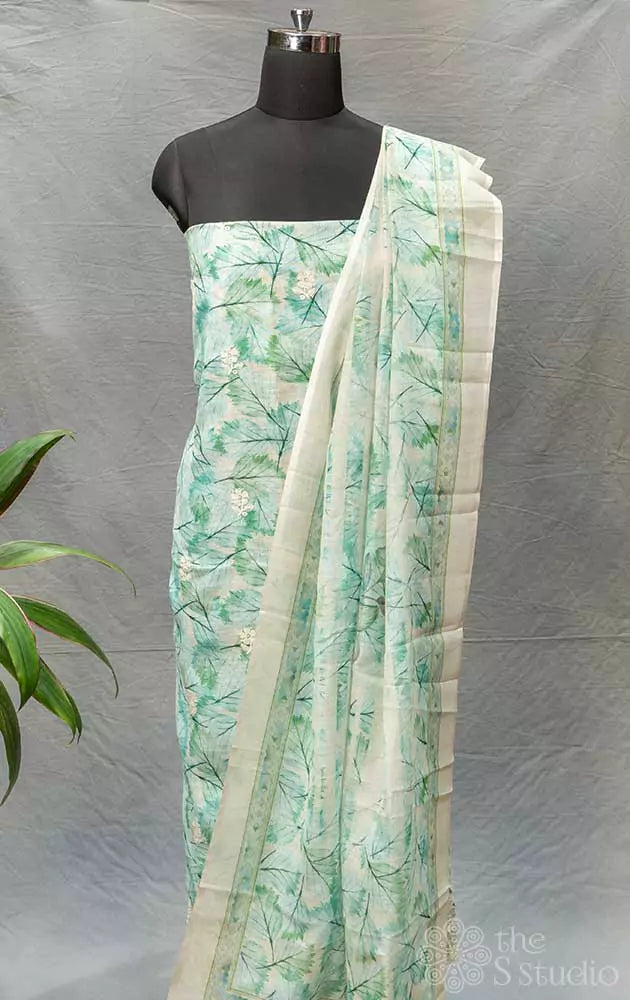 Light green leaf printed linen cotton salwar suit