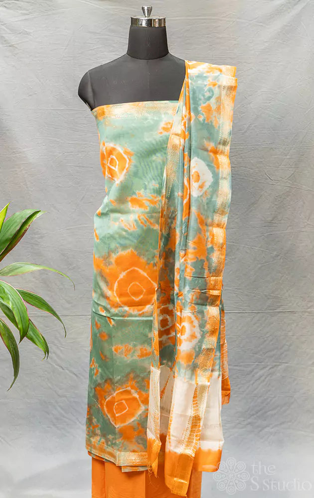 Light green and orange shibori style maheshwari cotton salwar suit