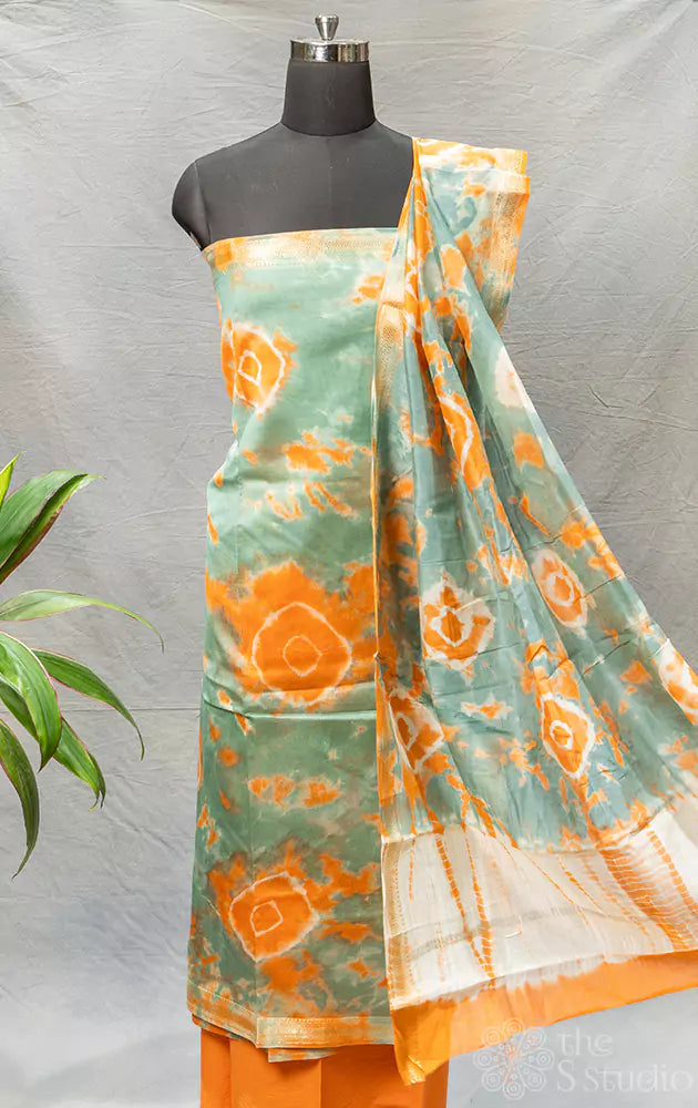 Light green and orange shibori style maheshwari cotton silk salwar suit