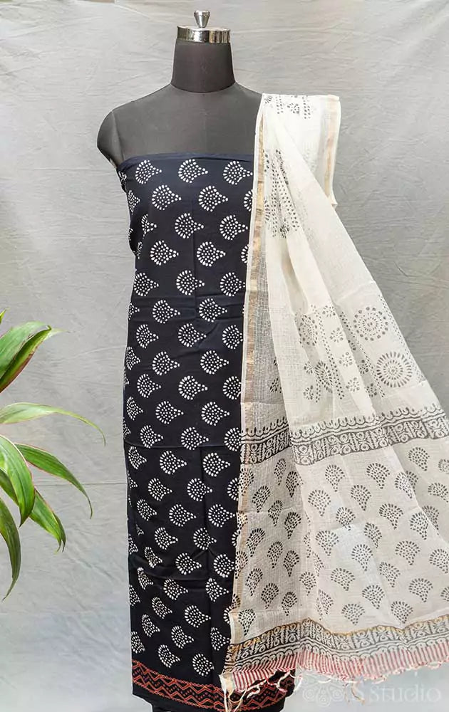 Black cotton printed salwar suit with kota dupatta