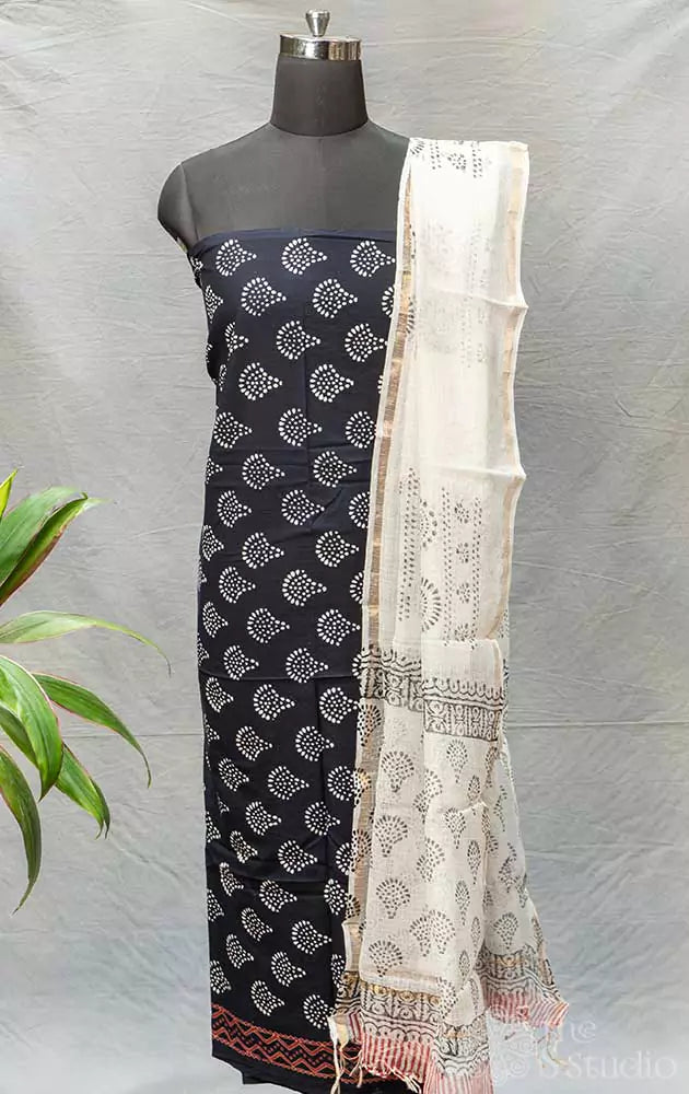 Black cotton printed salwar suit with kota dupatta