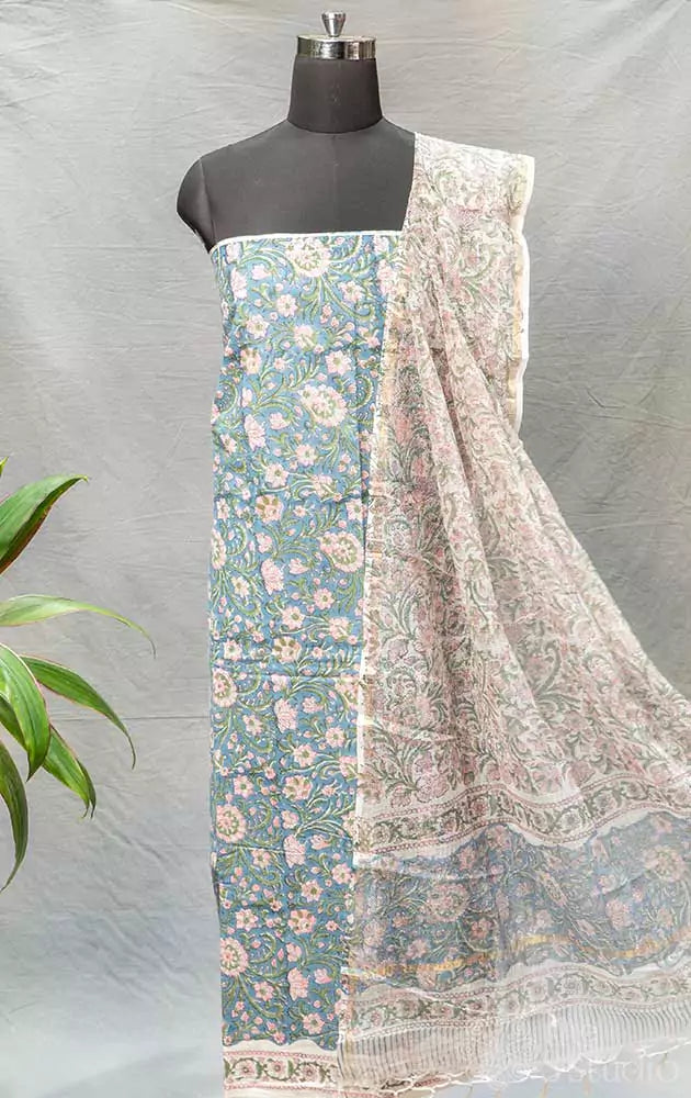 Blue floral print cotton salwar suit with kota dupatta