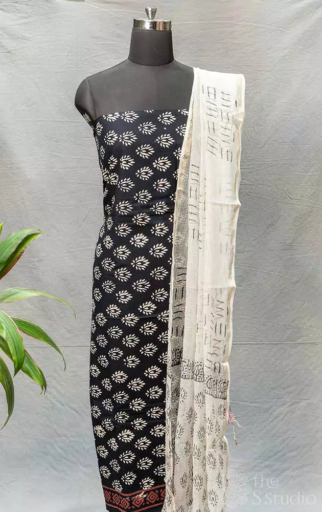 Black printed cotton salwar set with kota dupatta