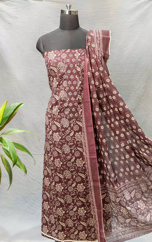 Dark brown floral printed cotton salwar suit with french knot embroidery