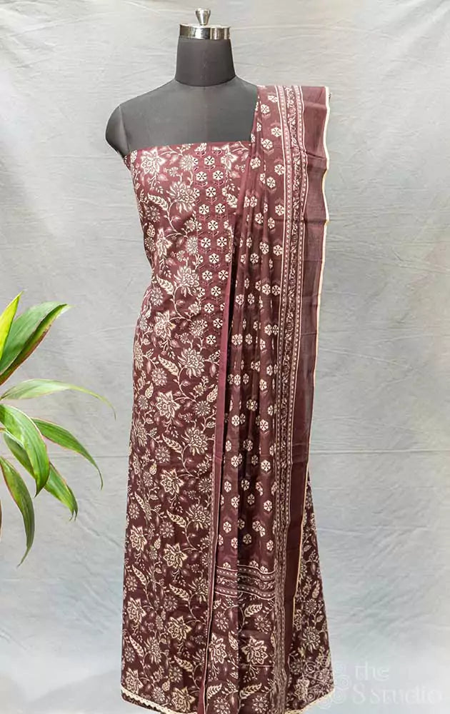 Dark brown floral printed cotton salwar suit with french knot embroidery