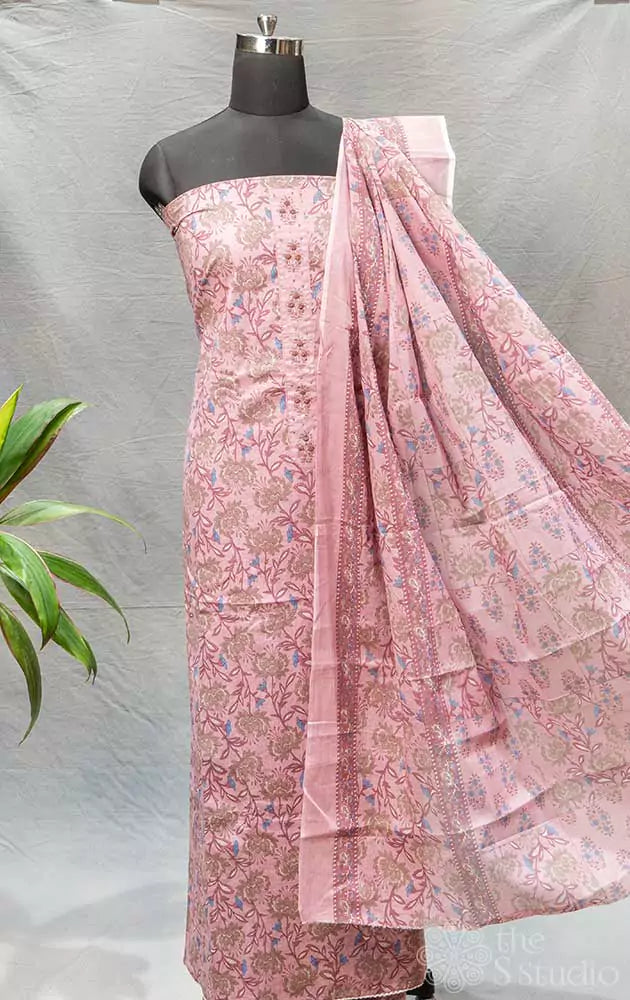 Onion pink floral printed salwar set  with yoke embroidery on neck pattern