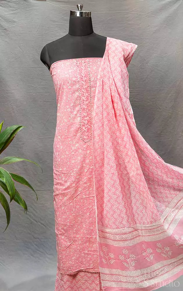 Pink floral printed cotton salwar set with french knot embroidery
