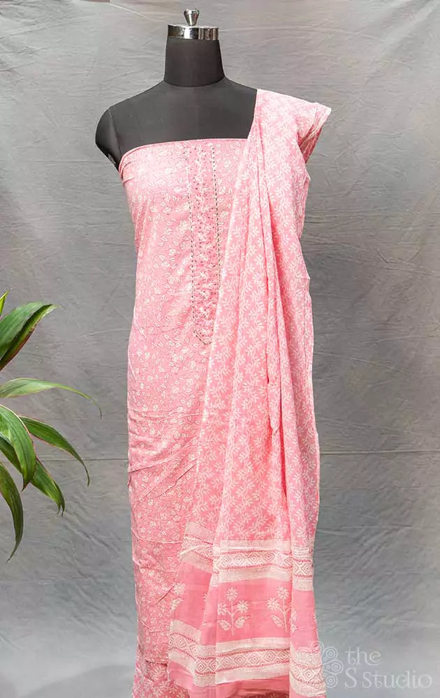 Pink floral printed cotton salwar set with french knot embroidery