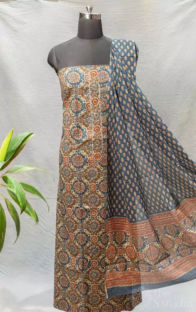 Blue and brown ajrakh printed cotton salwar suit with yoke embroidery on neck pattern 