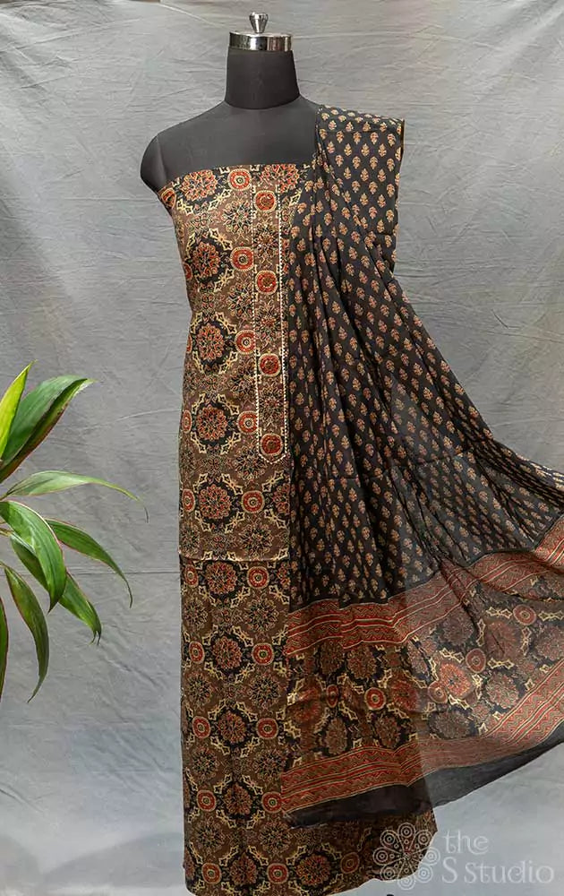 Black and brown ajrakh printed cotton salwar set with yoke embroidery 