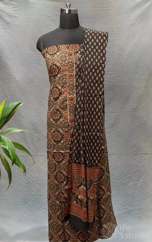 Black and brown ajrakh printed cotton salwar set with yoke embroidery