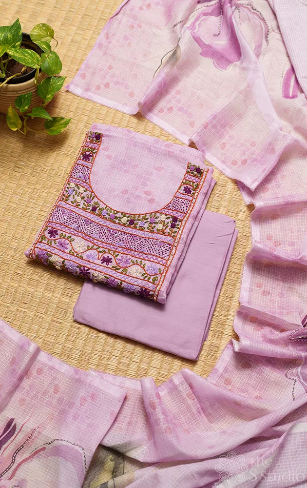 Lavender printed kota cotton salwar suit with neck pattern hand  embroidery