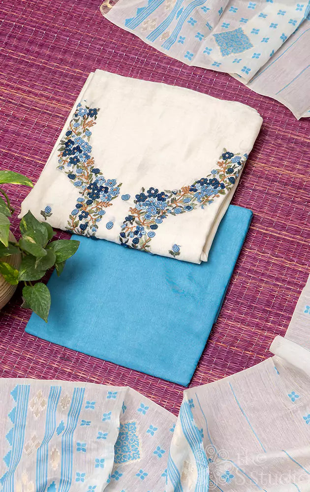 Off white with Blue cotton salwar set with floral embroidered top and dupatta