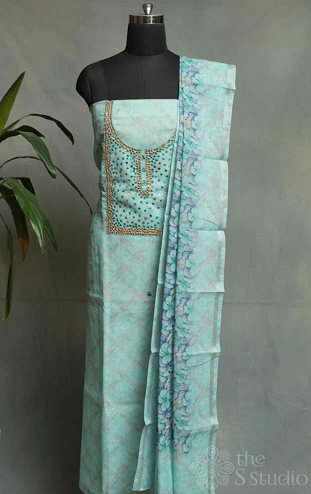 Light blue linen cotton salwar suit with mirror embroidery