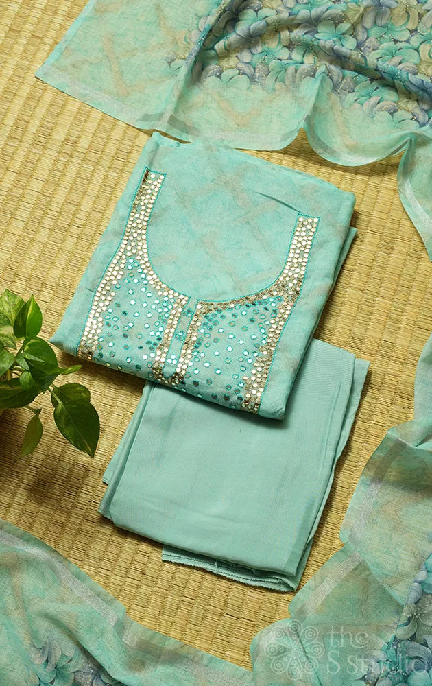 Light blue linen cotton salwar suit with mirror embroidery