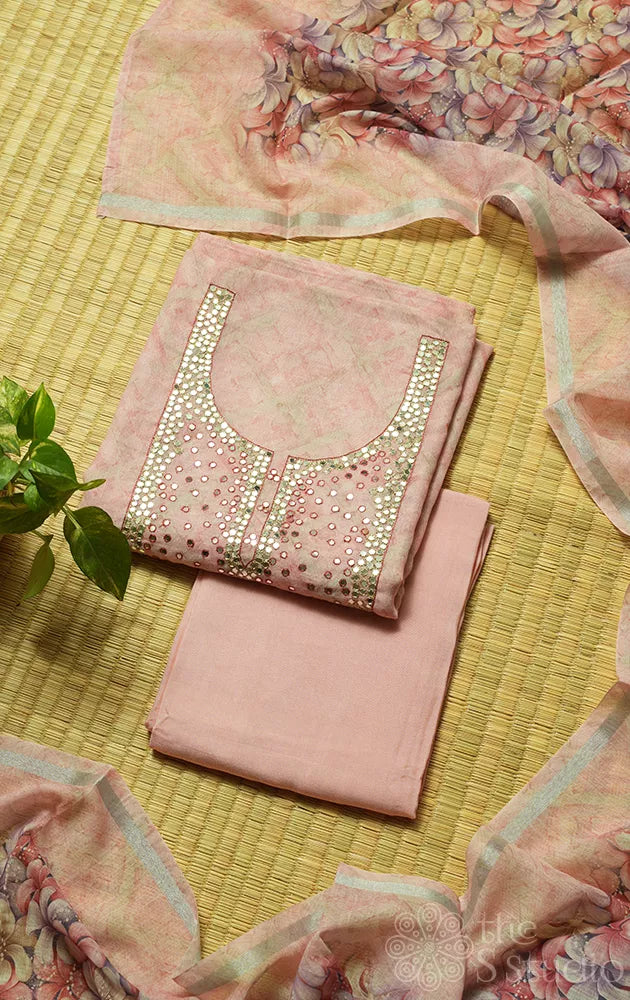 Pink linen cotton salwar suit with mirror embroidery and floral prints dupatta