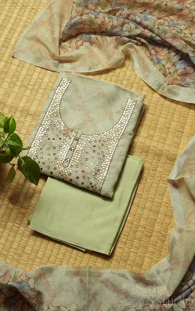 Elachi green linen cotton saree with mirror embroidery neck pattern