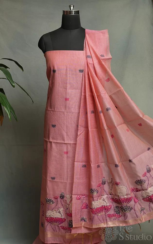 Pink linen cotton salwar set with pichwai design and embroidery
