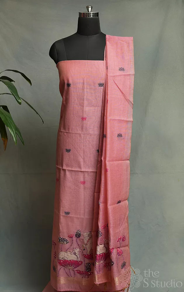 Pink linen cotton salwar set with pichwai design and embroidery