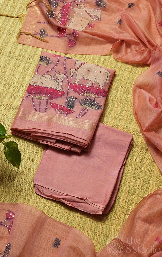 Pink linen cotton salwar set with pichwai design and embroidery