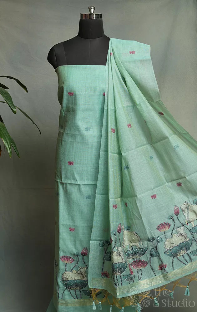 Light blue linen cotton salwar set with pichwai design and matching dupatta