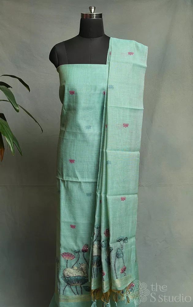 Light blue linen cotton salwar set with pichwai design and matching dupatta