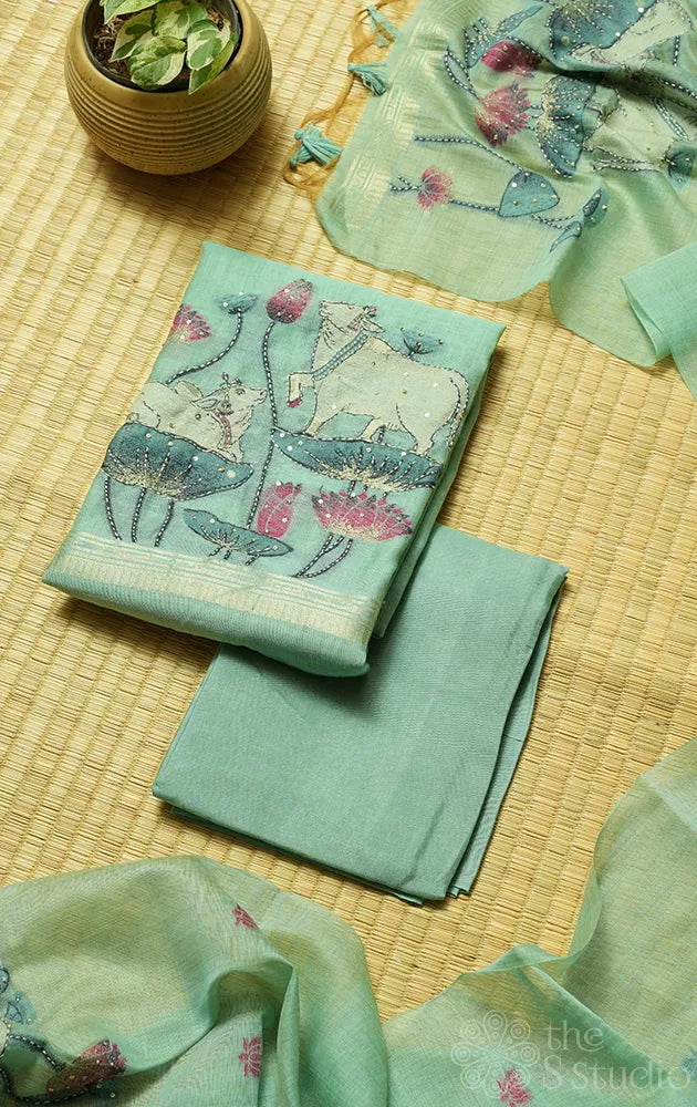 Light blue linen cotton salwar set with pichwai design and matching dupatta