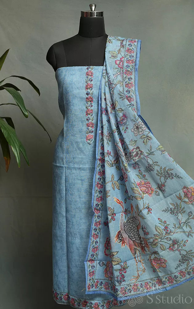 Light blue linen cotton salwar suit with kalamkari design 