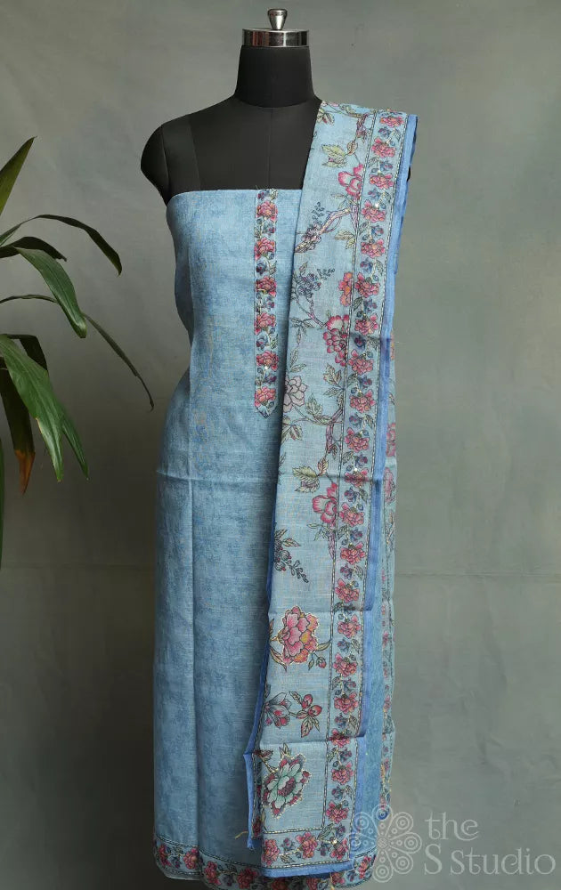 Light blue linen cotton salwar suit with kalamkari design