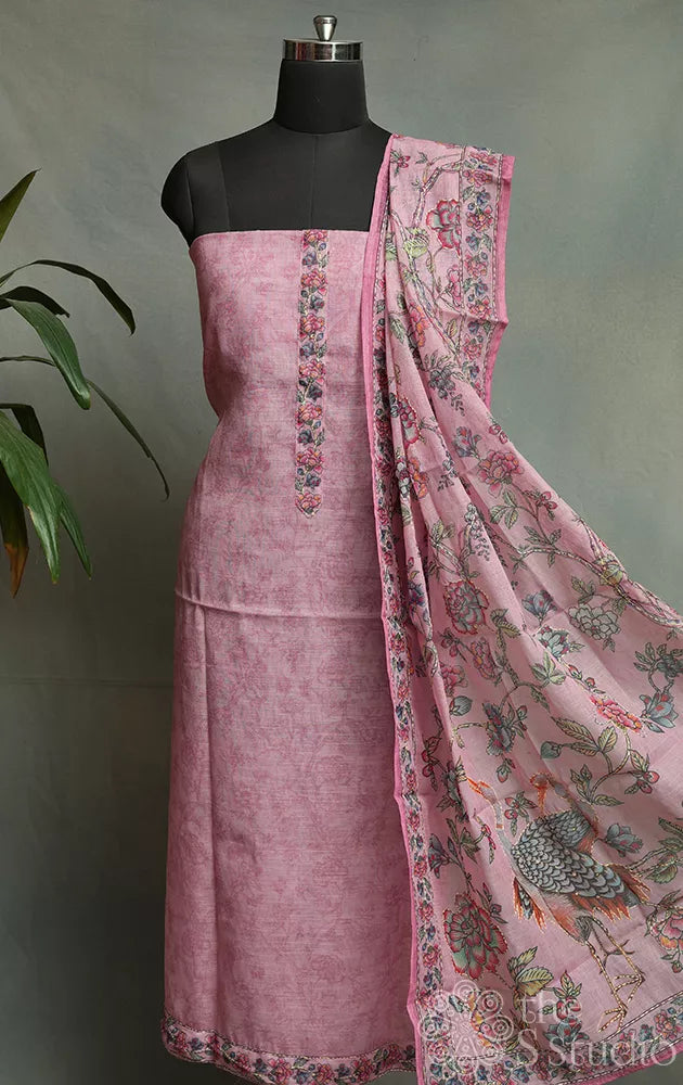 Onion pink linen cotton salwar suit with neck embroidery