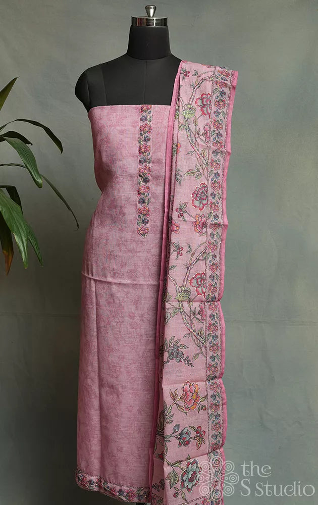Onion pink linen cotton salwar suit with neck embroidery