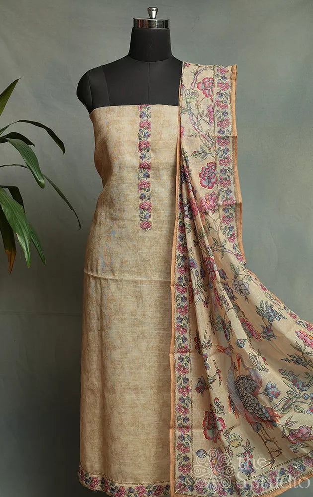 Beige linen cotton salwar set with kalamkari neck pattern 