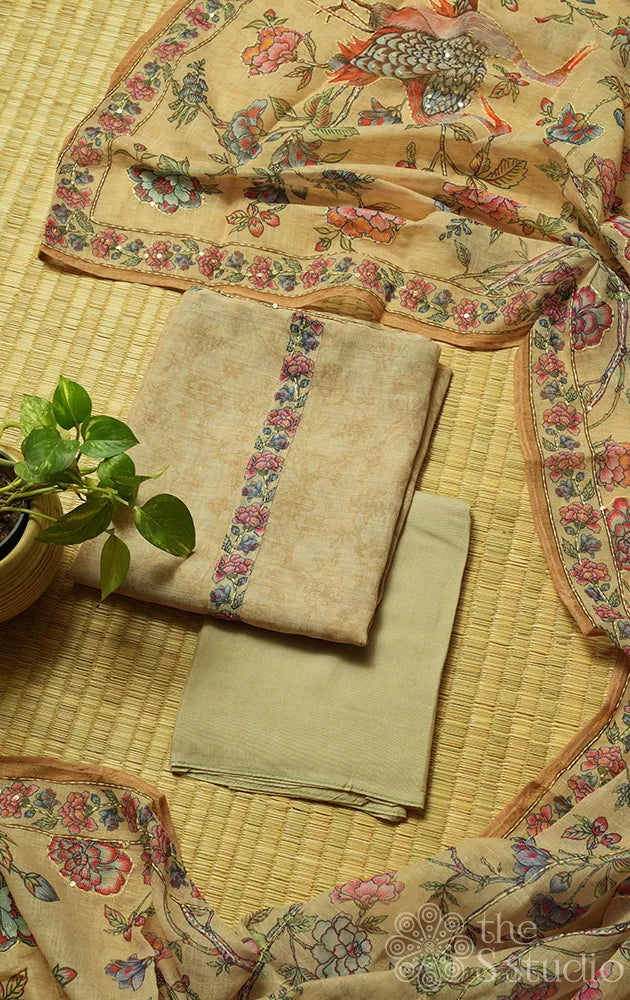 Beige linen cotton salwar set with kalamkari neck pattern