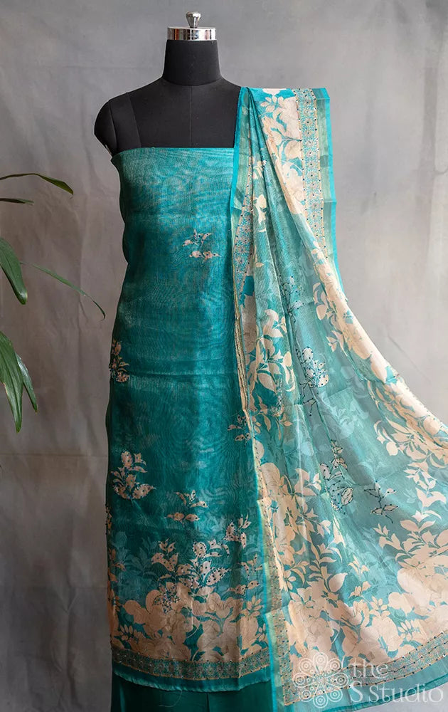 Teal green semi silk salwar set with embroidery